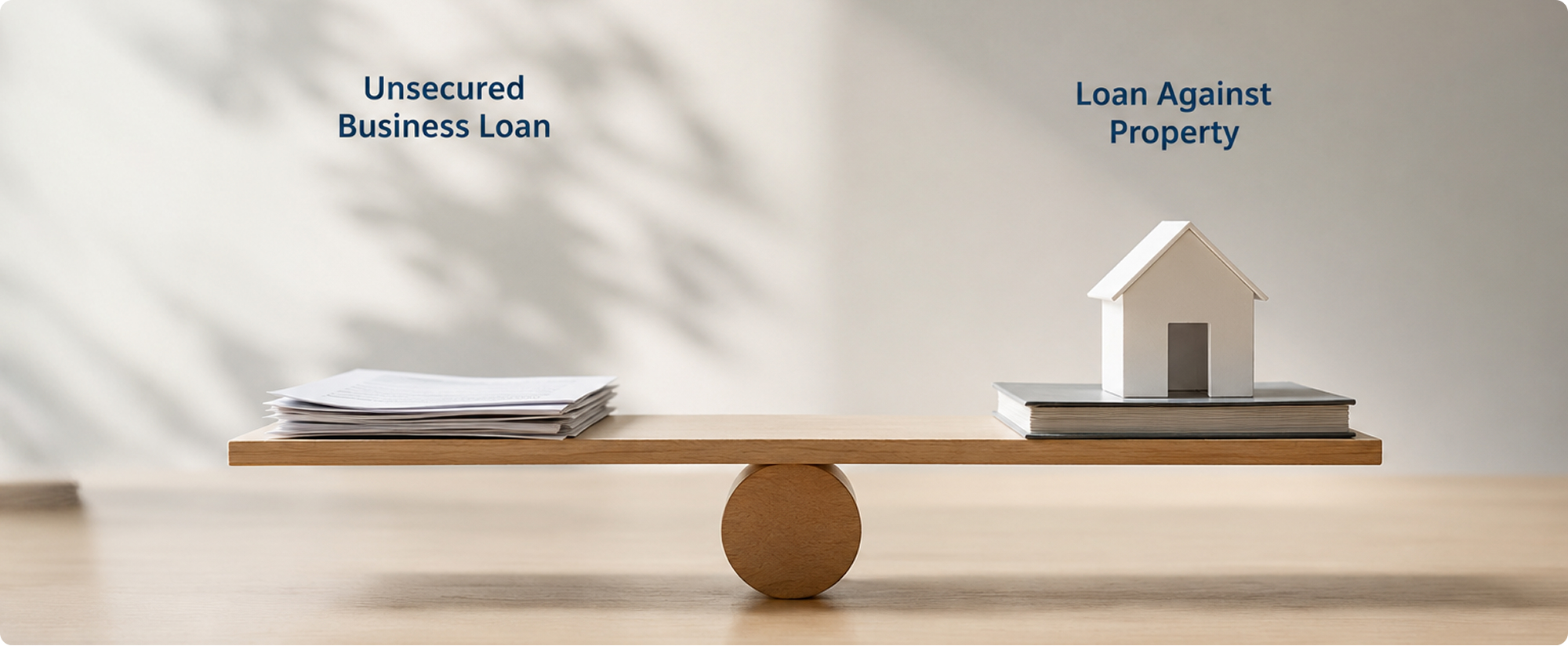 A seesaw balancing paperwork against a model house, representing unsecured business loan versus loan against property