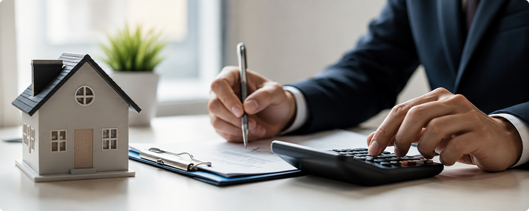 A model house and a businessman using a calculator and signing documents at a desk, representing property valuation for a loan
