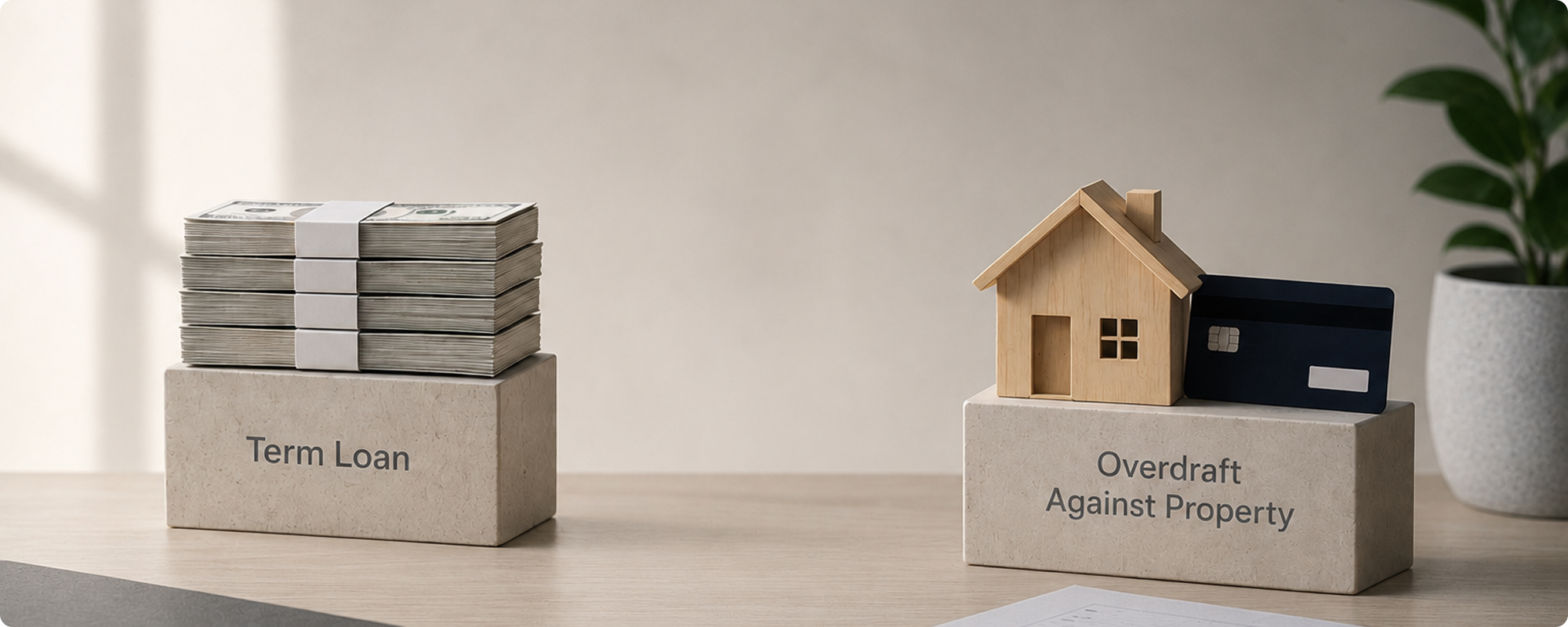 A stack of cash labelled Term Loan beside a model house and credit card labelled Overdraft Against Property